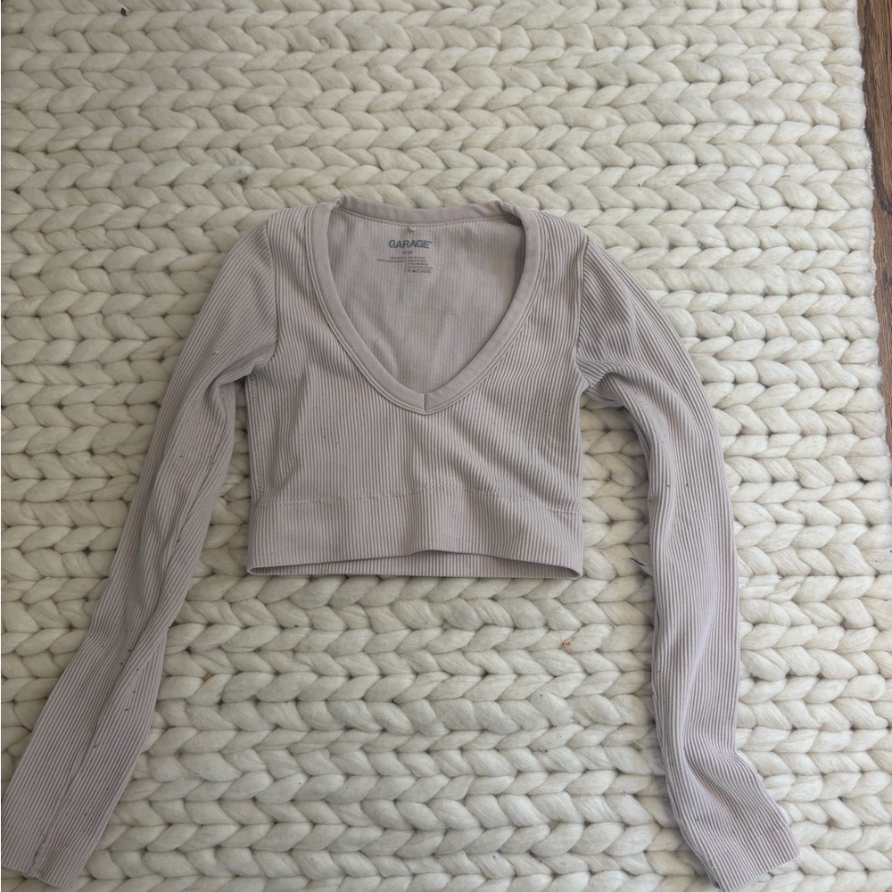 Garage Ribbed V-Neck Long Sleeve Top - pink